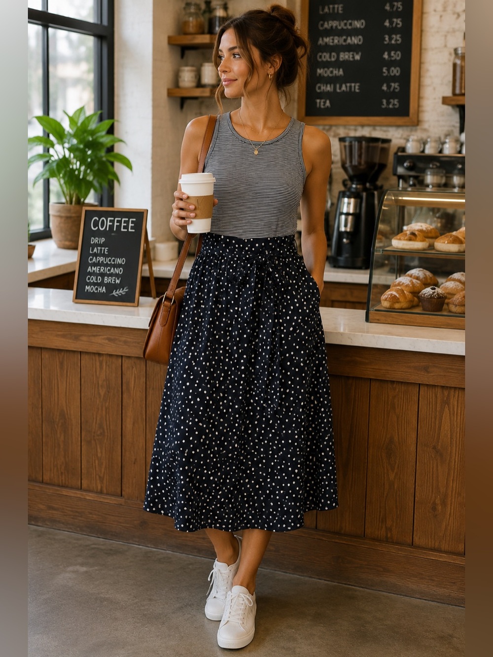 NWT LOFT Mixed Media Midi Dress Size 14 Navy Polka Dot Striped Sleeveless Belt
